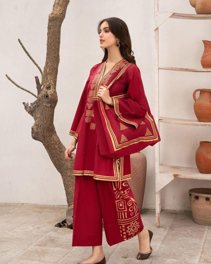 2 Pcs Women's Stitched Linen Printed Shirt and Trouser Set with Tote Bag