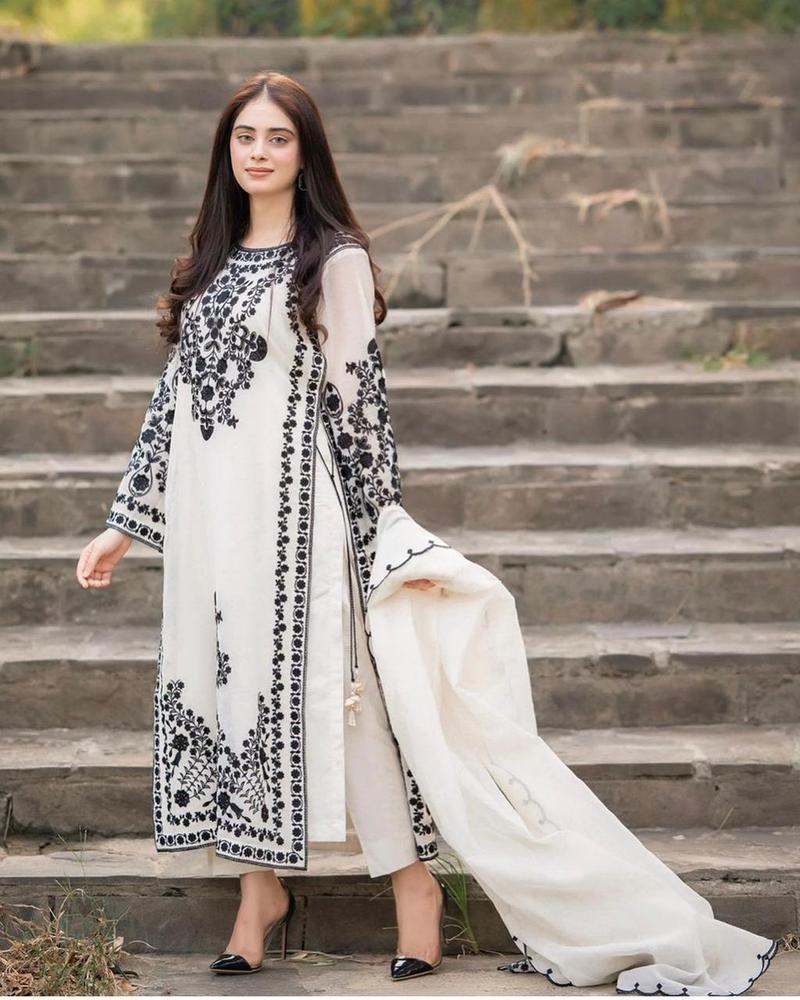 3-Piece Women's Unstitched Embroidered Suit – White