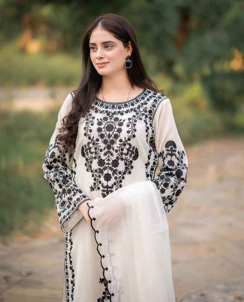 3-Piece Women's Unstitched Embroidered Suit – White