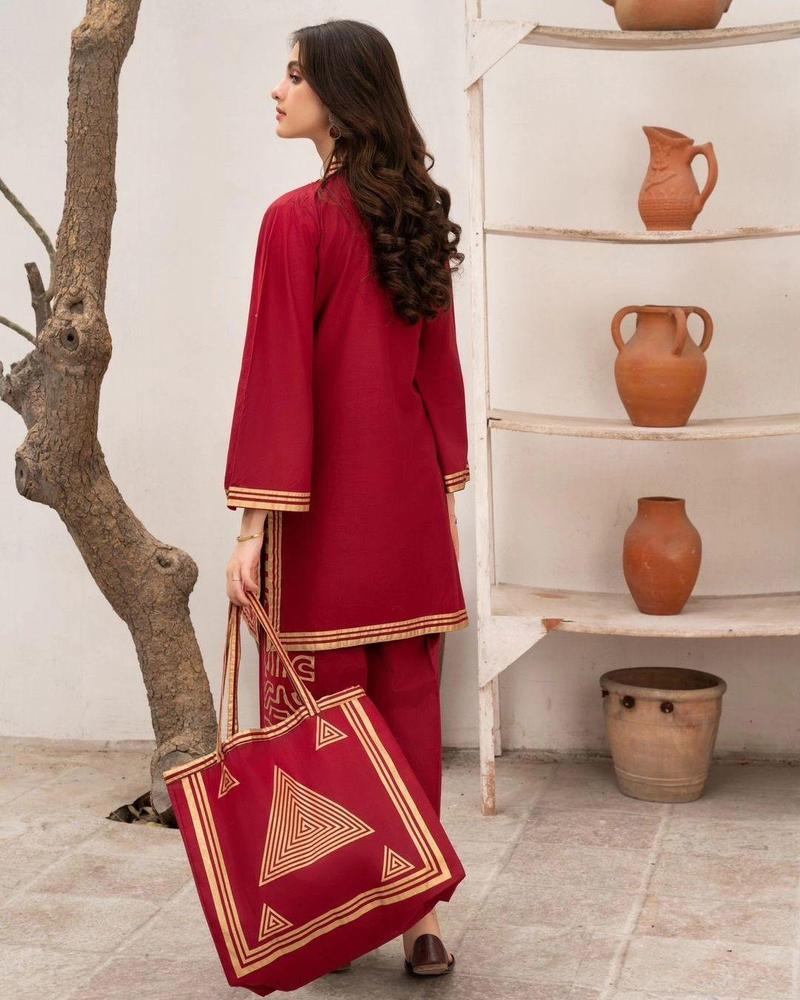 2 Pcs Women's Stitched Linen Printed Shirt and Trouser Set with Tote Bag