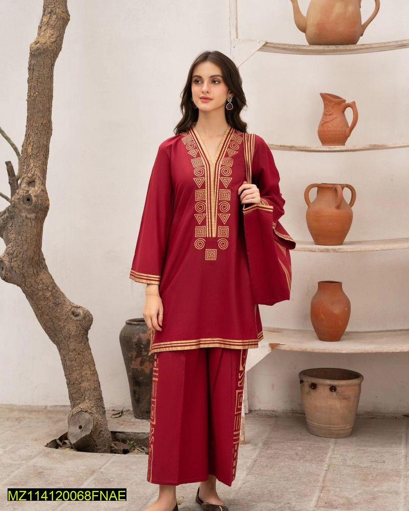 2 Pcs Women's Stitched Linen Printed Shirt and Trouser Set with Tote Bag