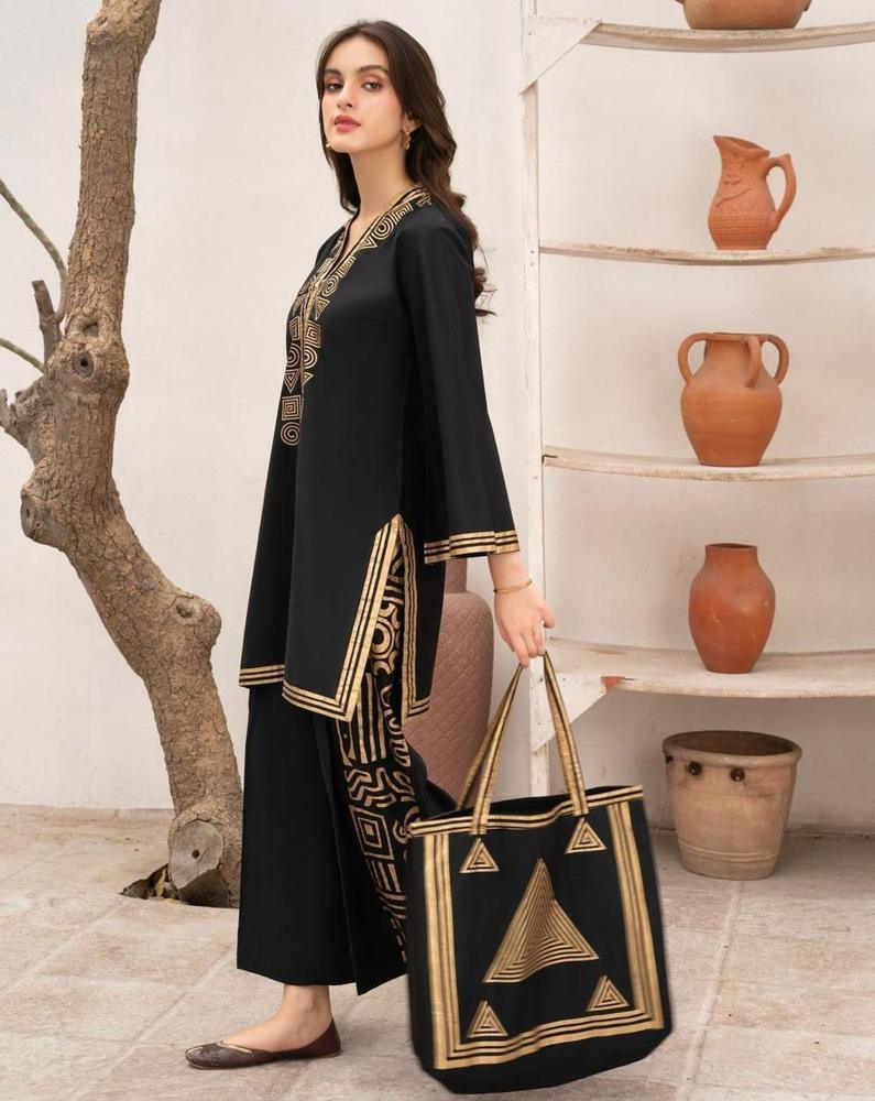 2 Pcs Women's Stitched Linen Printed Shirt and Trouser Set with Tote Bag