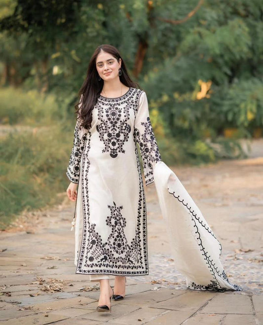 3-Piece Women's Unstitched Embroidered Suit – White