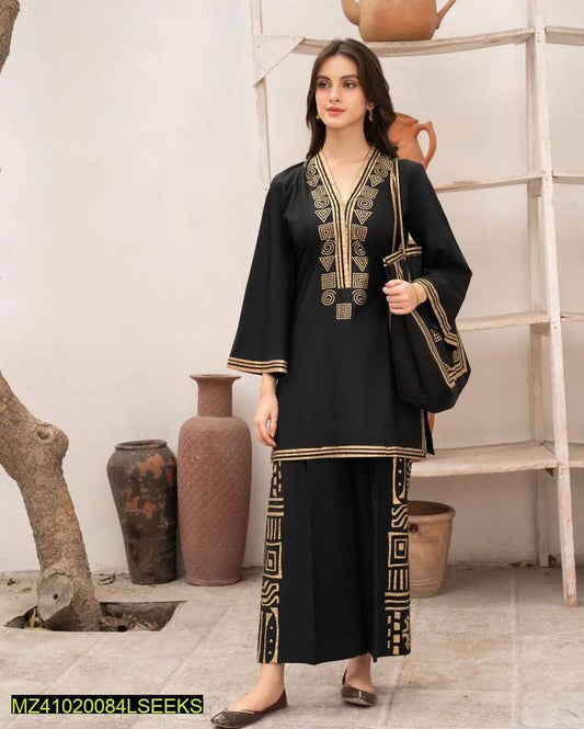 2 Pcs Women's Stitched Linen Printed Shirt and Trouser Set with Tote Bag