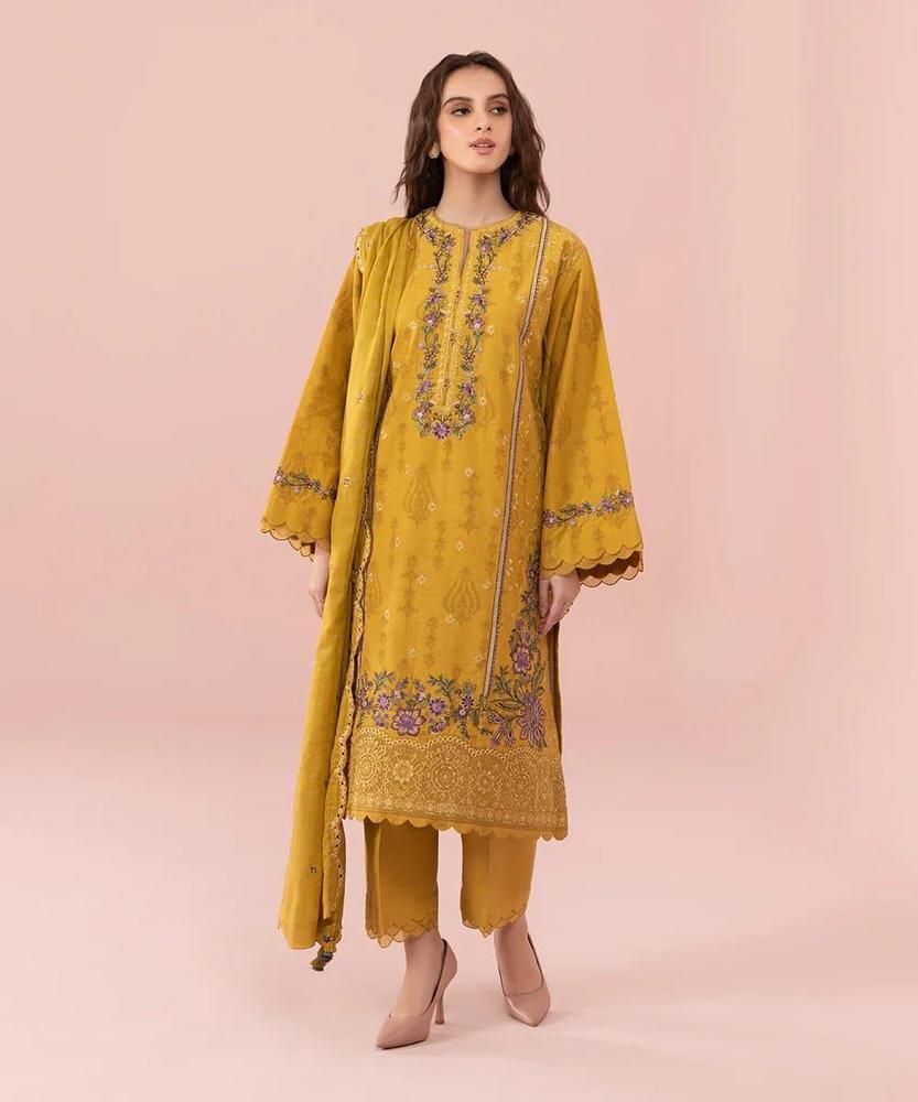 3 Pcs Women's Unstitched Lawn Embroidered Suit – Mustard| fashion Kahani