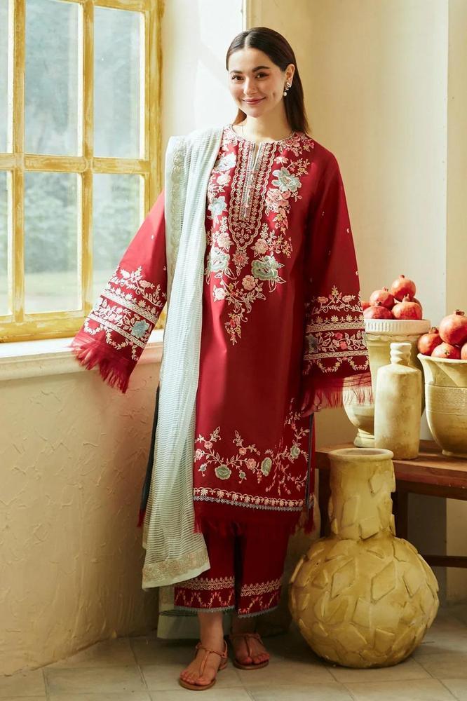 3 Pcs Women's Unstitched Lawn Embroidered Suit