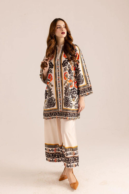 Elegant Printed Grip Silk Shirt & Trouser Set – 2 Pcs (Off-White