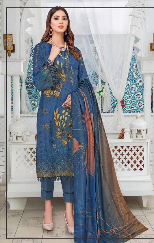 Enchanting 3 Pcs Embroidered Suit Set in Blue