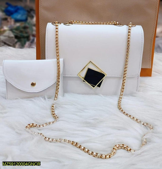 2 Pcs PU Leather Handbag with Long Golden Chain for Girls