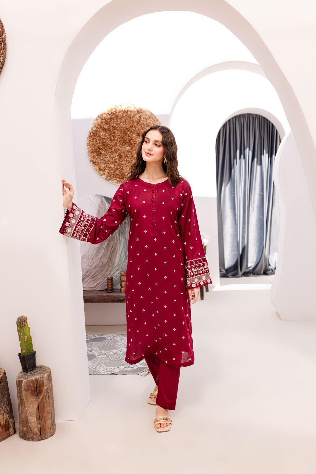 2 Pcs Women's Unstitched Embroidered Suit – Red