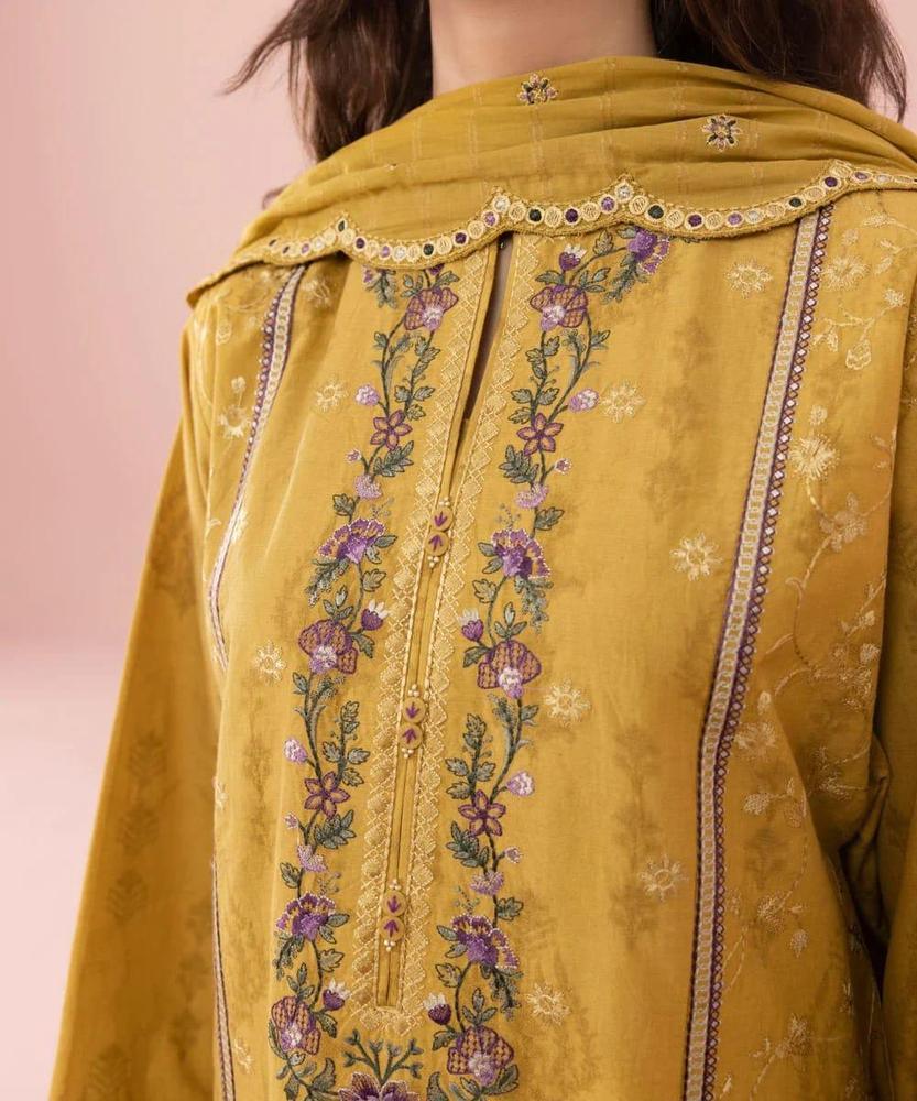 3 Pcs Women's Unstitched Lawn Embroidered Suit – Mustard| fashion Kahani
