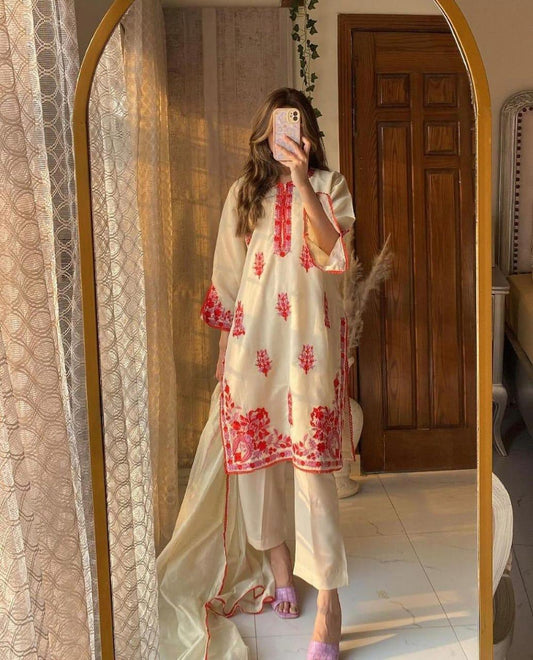 2 Pcs Women's Stitched Khaadi Net Embroidered Suit