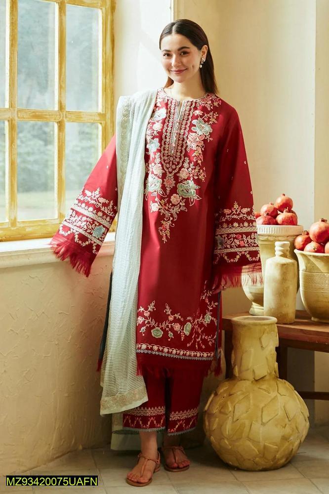 3 Pcs Women's Unstitched Lawn Embroidered Suit